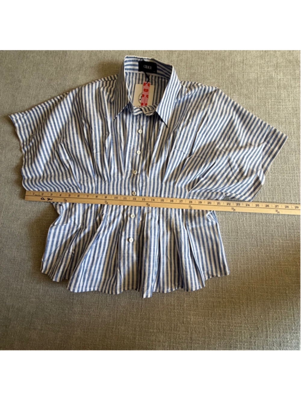 Cider COTTON-BLEND COLLAR STRIPE PLEATED CINCHED WAIST SHIRT blue and white 0X - Picture 11 of 12